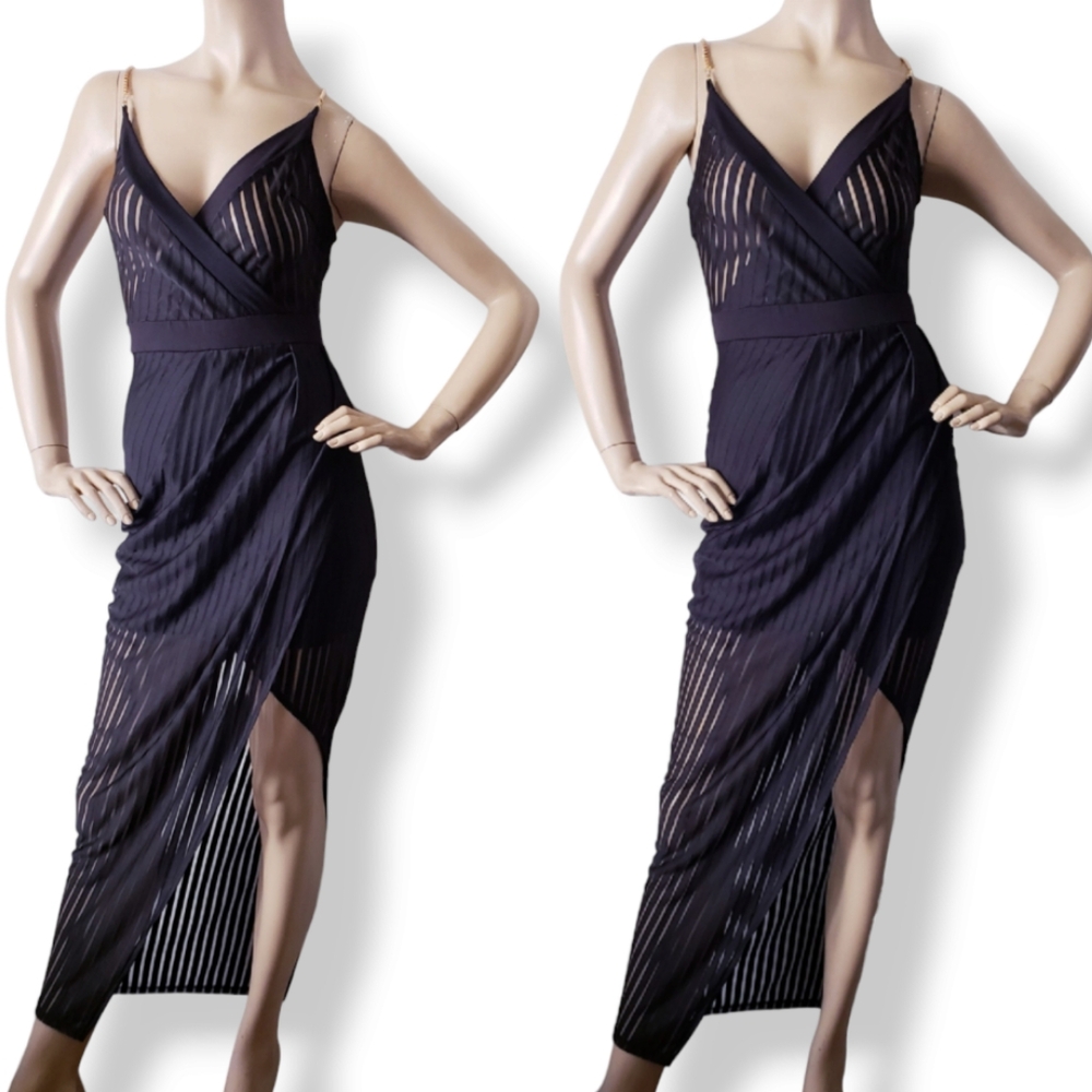 Blanc Black Sheer Paneled Assymetric Side Slit Dress